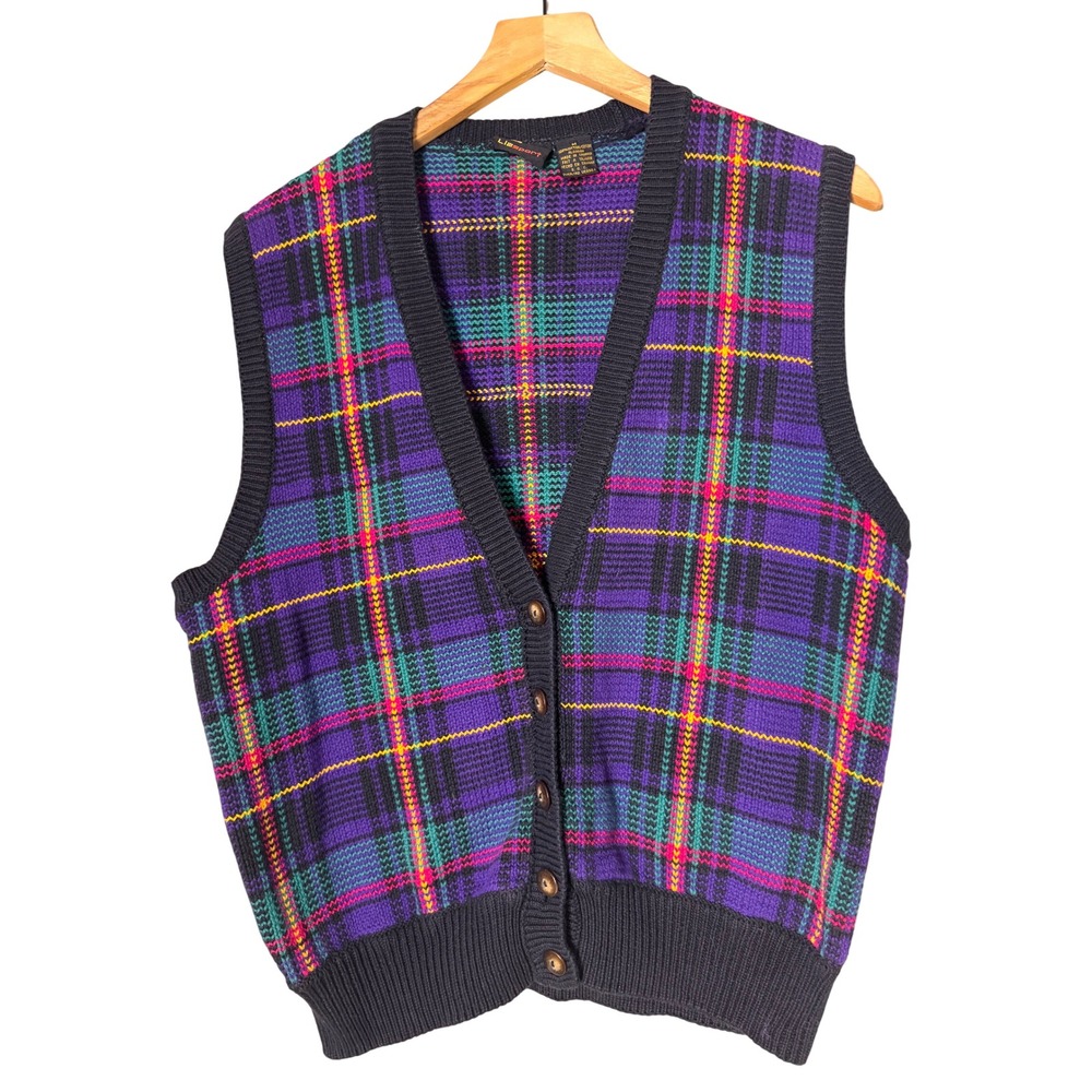 Vintage LizSport Purple Plaid Knit Sweater Vest Womens Medium Cotton V-Neck 90s